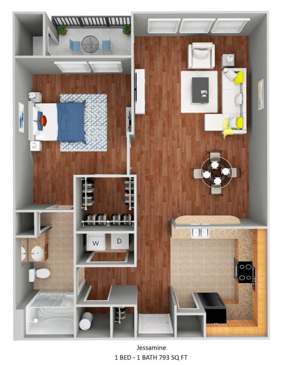 1 Bedroom 1 bath floor plan 752 square feet. U shaped kitchen with large walk in closet and spacious living room area. Balcony accessible from living room.