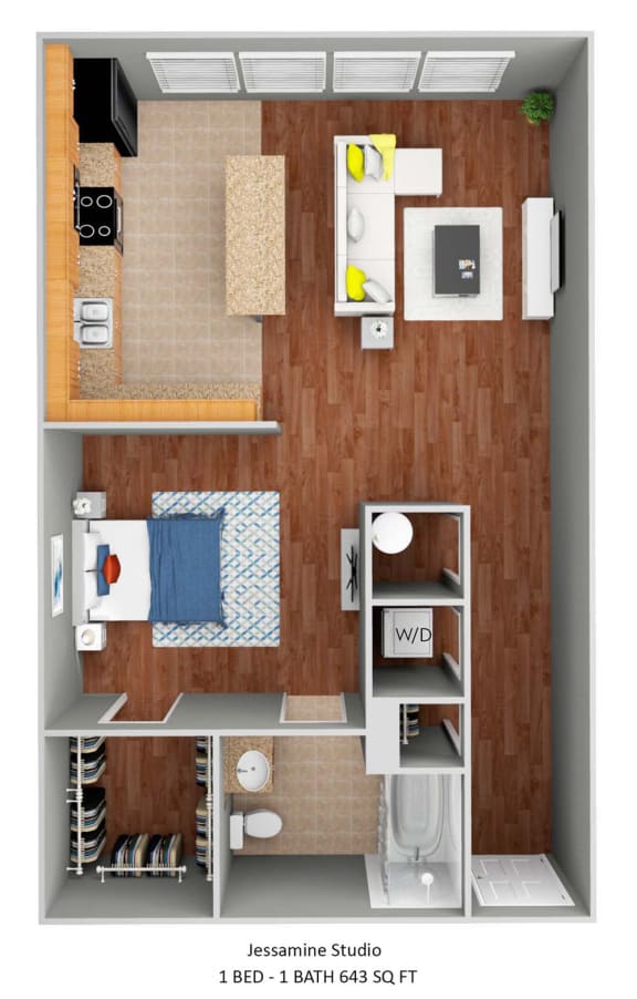 Floor Plan  1 Bedroom 1 bath Studio floor plan 643 square feet total. Bedroom is 118 sq. ft and Living/Dining room area is 192 sq.ft. Island kitchen layout with Stack-able washer/dryer and large walk in closet.