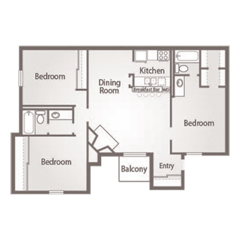 3 Bed, 2 Bath Floor Plan at Abbey Glenn Apartments, Waco, 76706