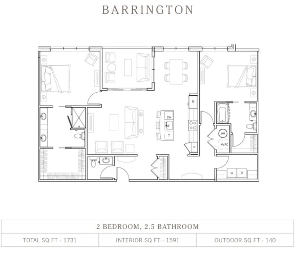 2 Bed 2.5 Bathroom, 1,591 Sq.Ft. Floor Plan at Vickers Roswell, Roswell, GA