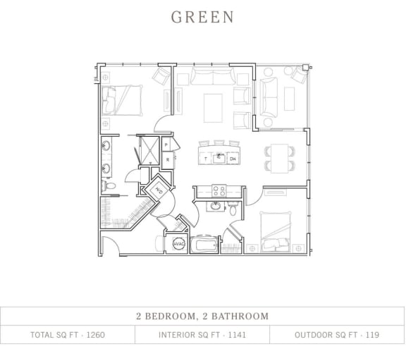 Floor Plan  2 bedroom 2 bath, 1,141 Sq.Ft. Floor Plan at Vickers Roswell, Roswell, GA, 30075