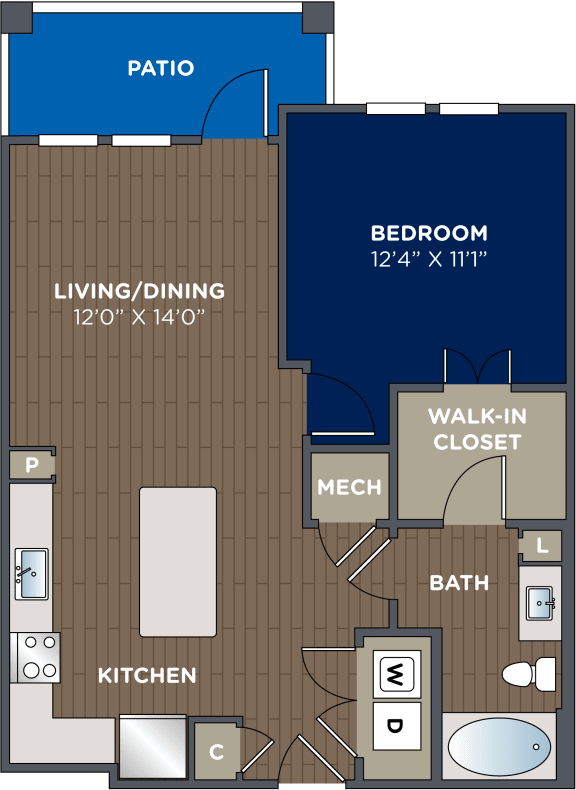 One bedroom, one bathroom, 750 Sq.Ft. Floor Plan at Luma Headwaters, Orlando, FL, 32837