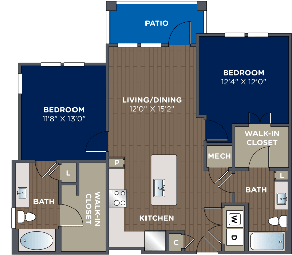2 bedroom 2 bathroom 2 bedroom 2 bathroom, 1,074 Sq.Ft. Floor Plan at Luma Headwaters, Orlando