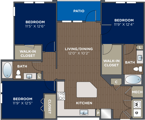3 Bedroom 2 Bathroom, 1,323 Sq.Ft. Floor Plan at Luma Headwaters, Orlando, FL, 32837