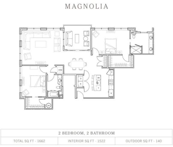 Magnolia 2 Bedroom 2 Bathroom, 1,522 Sq.Ft. Floor Plan at Vickers Roswell, Roswell
