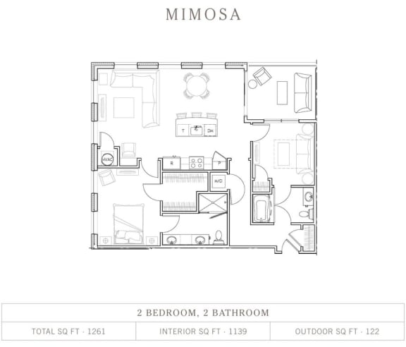 Mimosa 2 Bed 2 Bath, 1,139 Sq.Ft. Floor Plan at Vickers Roswell, Georgia, 30075