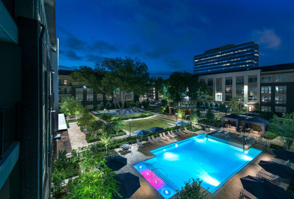 Pool view from apartment at Everra Midtown Park Apartments in Dallas, TX