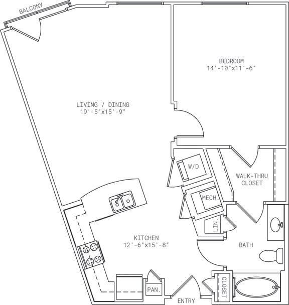 1-A5 1 Bedroom 1 Bathroom Floor Plan at Mira Upper Rock, Maryland, 20850