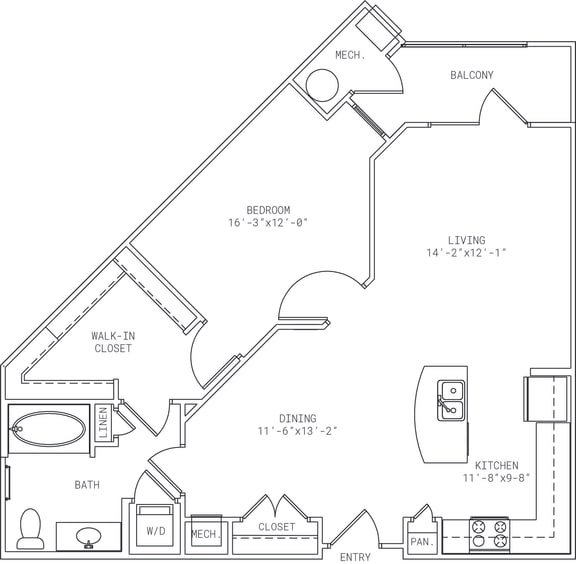 1-A7 1 Bedroom 1 Bathroom Floor Plan at Mira Upper Rock, Rockville, Maryland