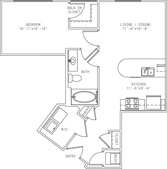 1-A2 1 Bedroom 1 Bath Floor Plan at Mira Upper Rock, Rockville, MD