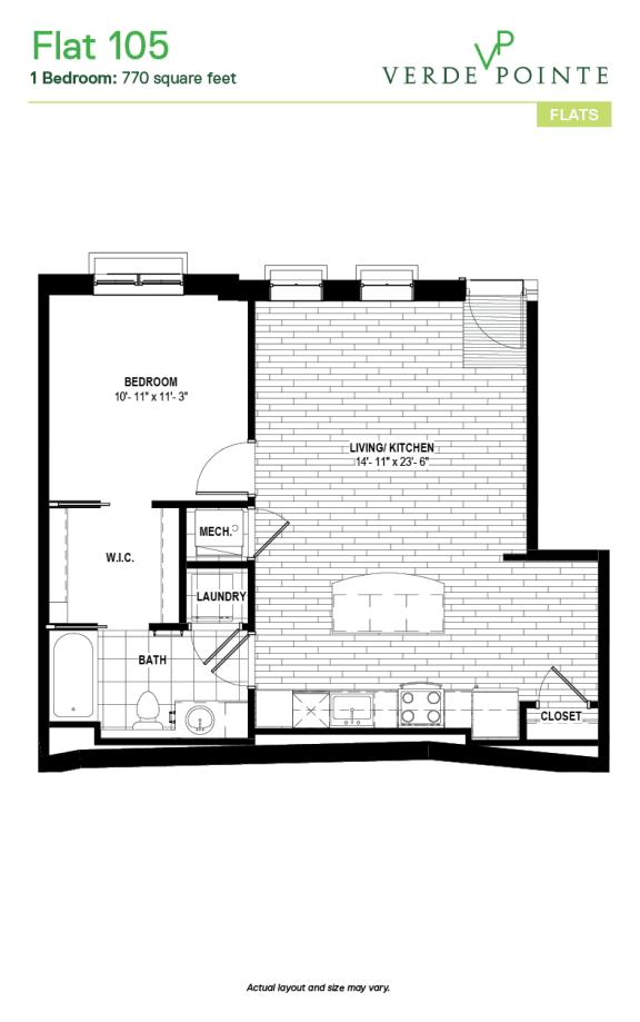 Flat 105 Floor Plan at Verde Pointe, Arlington, 22201