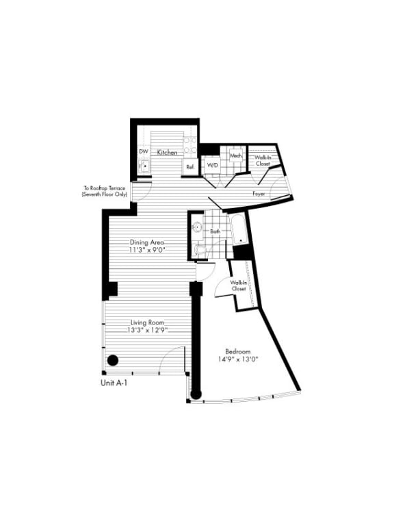 A-1 1 Bed 1 Bath Floor Plan A-1 1 Bed 1 Bath Floor Plan at The Zenith, Baltimore, 21201
