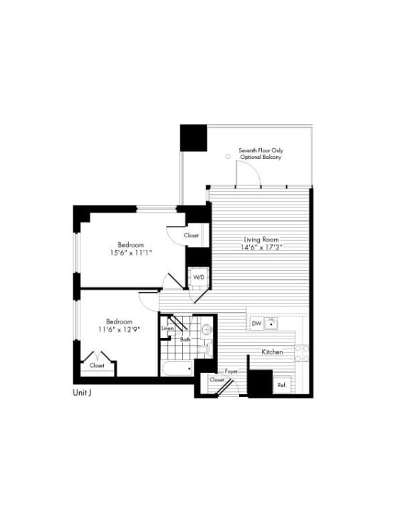 2 Bedroom 1 Bath Floor Plan 2 Bedroom 1 Bath Floor Plan at The Zenith, Baltimore, Maryland