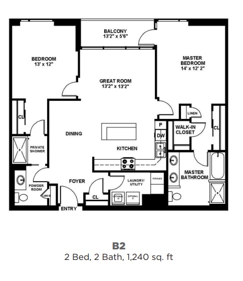 Floor Plan  B2 - Two Bedroom Two Bath