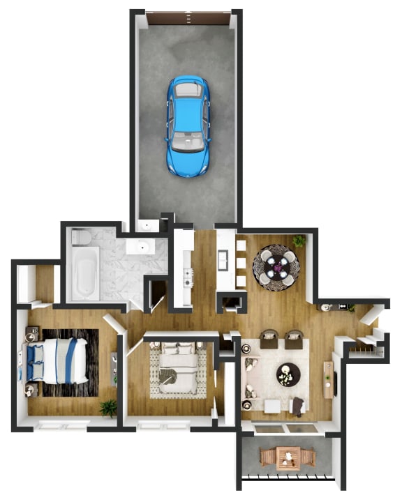 Floor Plan Two Bedroom 1 Bath with Garage (Downstairs)