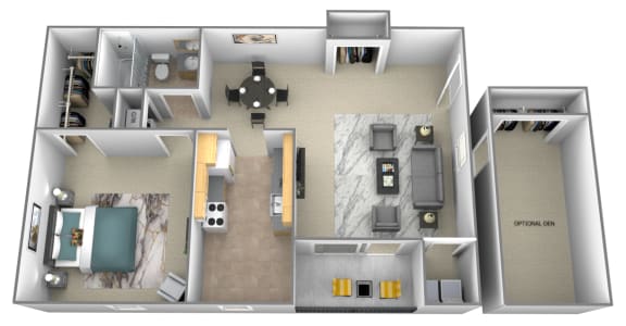 1 bedroom 1 bathroom 3D floorplan at Spring Hill Apartments