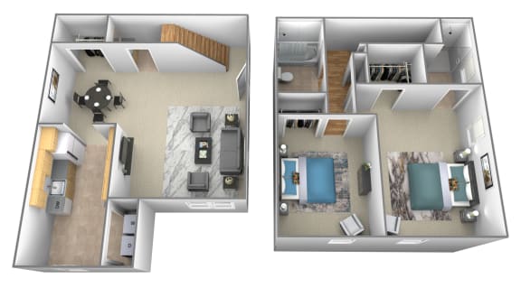 2 bedroom 2.5 bathroom 3D floor plan at Spring Hill Apartments and Townhomes