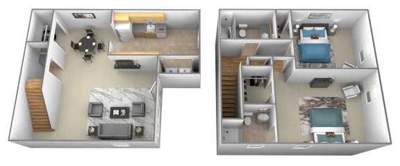 2 bedroom 2 bathroom 3D floorplan at Spring Hill Apartments and Townhomes
