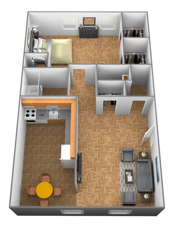 1 bedroom 1 bathroom 3D floor plan at Winston Apartments in Baltimore Belvedere MD