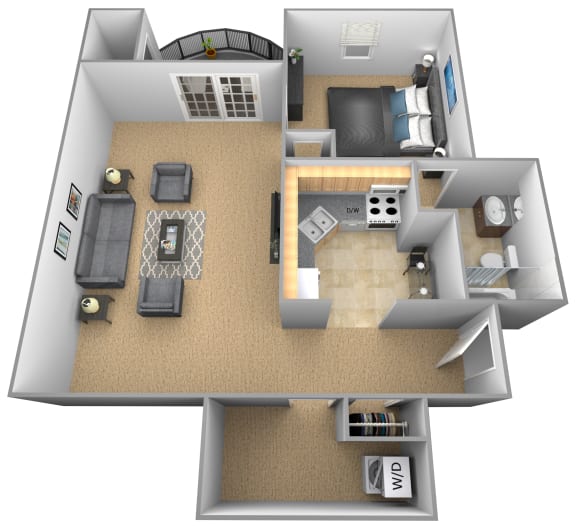 Jr 1 bedroom 1 bathroom St Tropez 3D floor plan at The Brittany Apartments in Pikesville