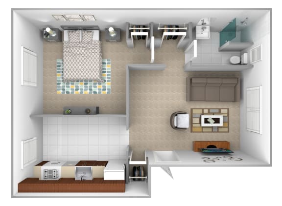 1 bedroom 1 bathroom apartment floor plan at Loch Bend