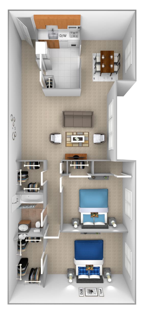 2 bedroom 1 bathroom with den 3D floor plan at McDonogh Village Apartments in Randallstown MD