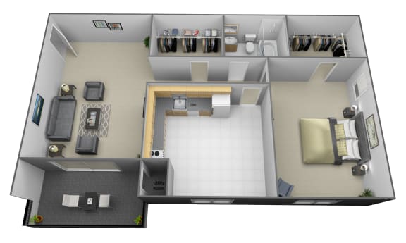 1 bedroom 1 bathroom studio 3D floorplan at Painters Mill Apartments