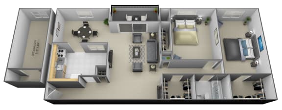 2 bedroom 1 bathroom with den 3D floorplan at Painters Mill Apartments