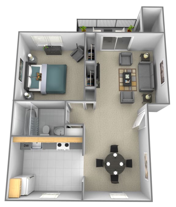 1 bedroom 1 bathroom style b 3D floor plan at Rockdale Gardens Apartments