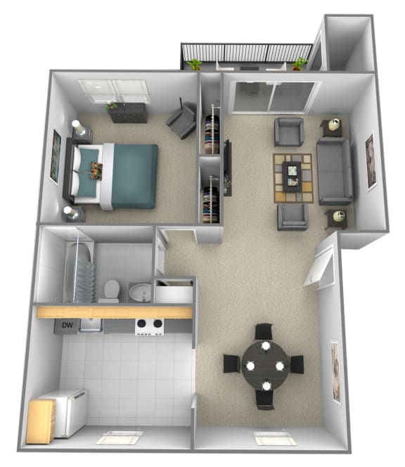 1 bedroom 1 bathroom 3D floor plan at Rockdale Gardens Apartments