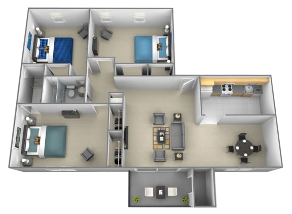 3 bedroom 2 bathroom 3D floorplan at Rockdale Gardens Apartments