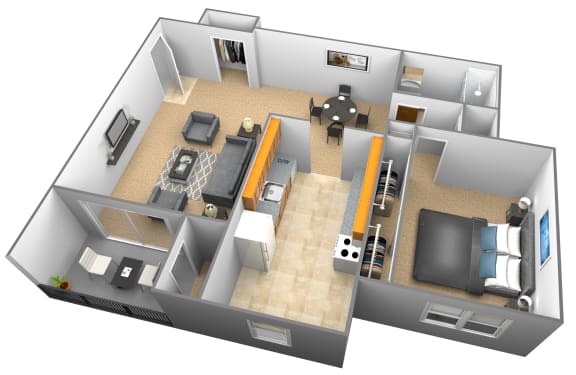 Studio 1 bedroom 1 bathroom 3D floor plan at Woodridge Apartments in Randallstown, Maryland