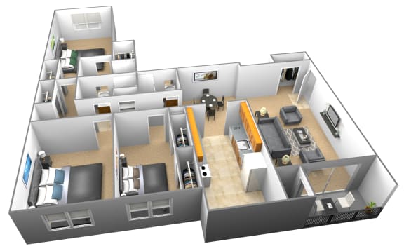 3 bedroom 3 bathroom 3D floor plan 3 bedroom 3 bathroom 3D floor plan at Woodridge Apartments in Randallstown, Maryland