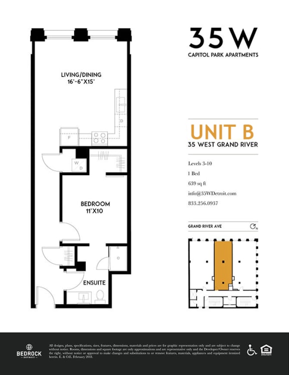 Unit B Floor Plan at 35W, Detroit, Michigan