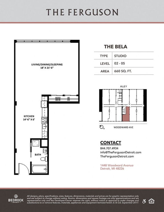 The Bela Floor Plan at The Ferguson, Detroit, 48226