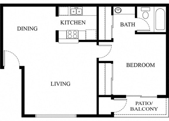 1 bed 1 bath floorplan 2D, at Patterson Place Apartments, Towbes, Santa Barbara, 93111
