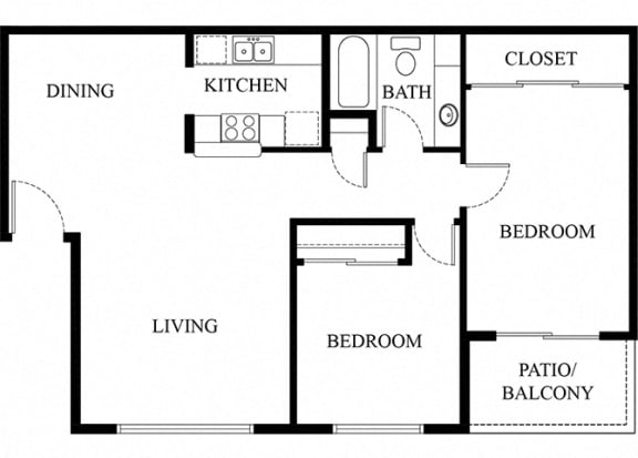 2 bed 1 bath floorplan 2D 2 bed 1 bath floorplan 2D, at Patterson Place Apartments, Towbes, Santa Barbara, CA 93111