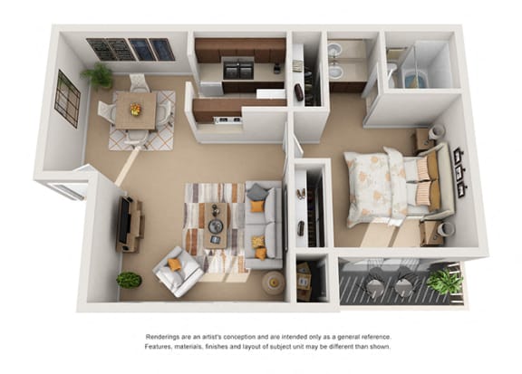 1 bed 1 bath floorplan 3D, at Patterson Place Apartments, Towbes, Santa Barbara, CA 93111