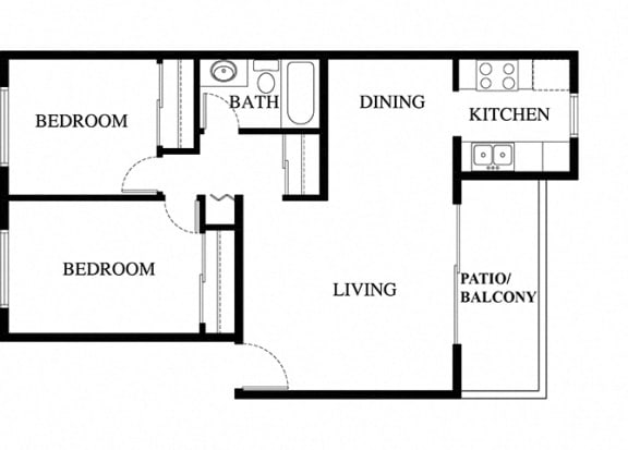 2 bed 2 bath floorplan, at Pacific Oaks Apartments, Towbes, California
