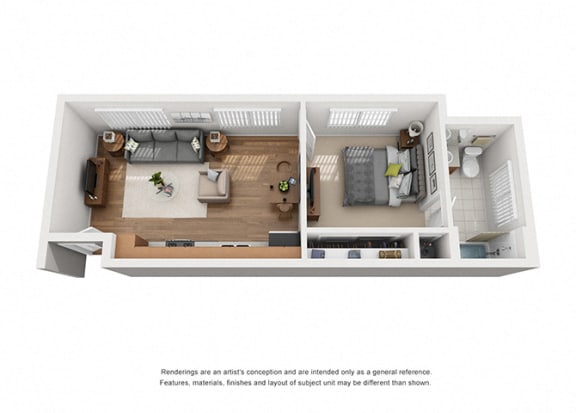Plan 2 1 Bedroom 1 Bathroom 3D Floor Plan Layout Plan 2 1 Bedroom 1 Bathroom 3D Floor Plan Layout at Hancock Terrace Apartments, California