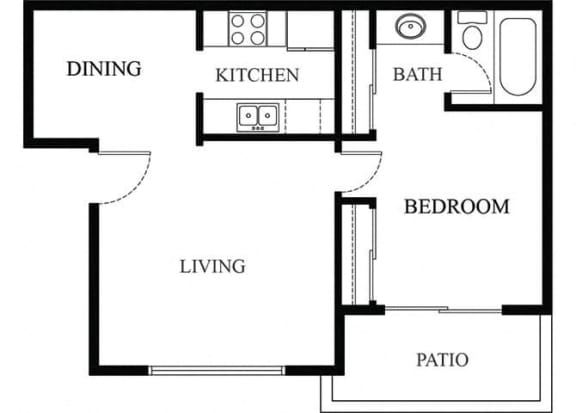 1 bed 1 bath floorplan, at  Oceanwood Apartments, Lompoc, CA