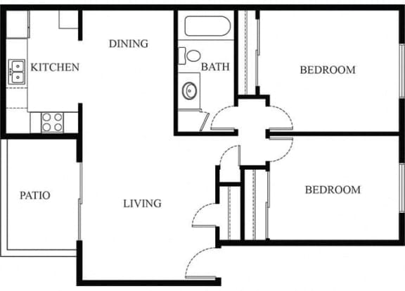 2 bed 1 bath floorplan, at  Oceanwood Apartments, Lompoc, CA 93436