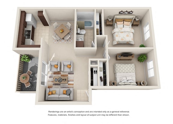 2 bed 1 bath floorplan A at  Oceanwood Apartments, California