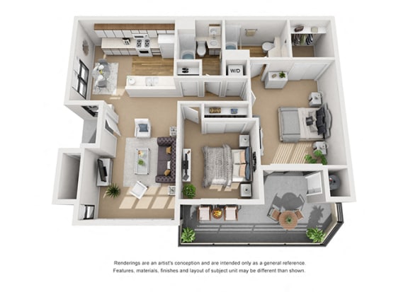 Birch 2 Bedroom 2 Bathroom 3D Floor Plan Layout at Cypress Point Apartment , Ventura, 93003