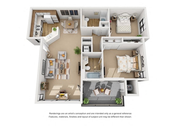 Cypress 2 Bedroom 2 Bathroom Floor 3D Plan Layout at Cypress Point Apartment , Ventura, California