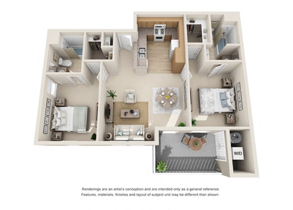 2 bed 2 bath Floorplan E 3D, at Ralston Courtyard Apartments, Ventura, 93003