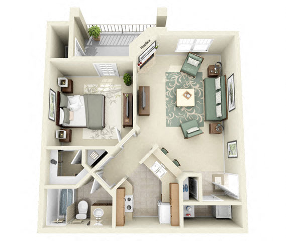 Floor Plan  Calder One Bedroom Floor Plan 3D Image
