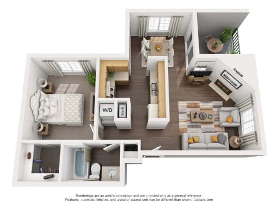 1 Bedroom, 1 Bath, Downstairs Floorplan,at Park Ridge Apartments, Fresno, 93711