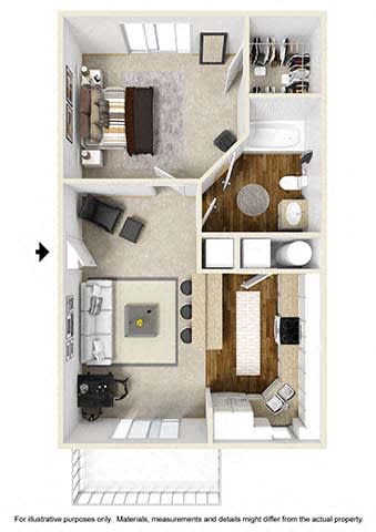 1 bedroom 1 bathroom floor plan D at Artesian East Village, Atlanta, GA