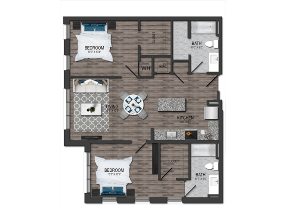 2 bedroom 2 bathroom Floor plan D 2 bedroom 2 bathroom Floor plan D at Maple View Flats, Washington, DC, 20020